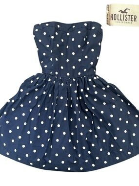 Y2K “Hollister” Navy Blue and Polka Dot Sleeveless Parachute Mini Dress